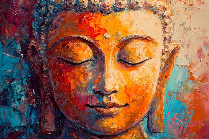 Expressive impasto painting of serene Gautama Buddha face in golden yellow and orange tones with blue background. | PrintPosters.in